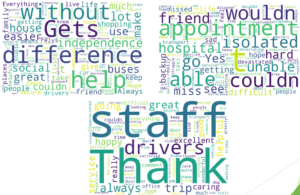 an image of words formed from users comments. including: Staff, driver, thank, friend, without, gets, appointment, difference.